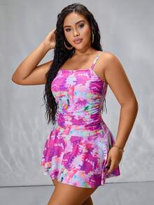 Swim EVENT Plus Size Women's Tie-Dye Printed Ruffle Hem Casual Cami Swimsuit Dress For Vacation,Summer Beach - Multicolor - View 6