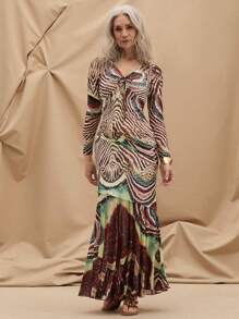 Miaspire Women's Spring/ Fall Tiger Print Long Sleeve Slim Fit Elegant Dress With Fish Tail Hem