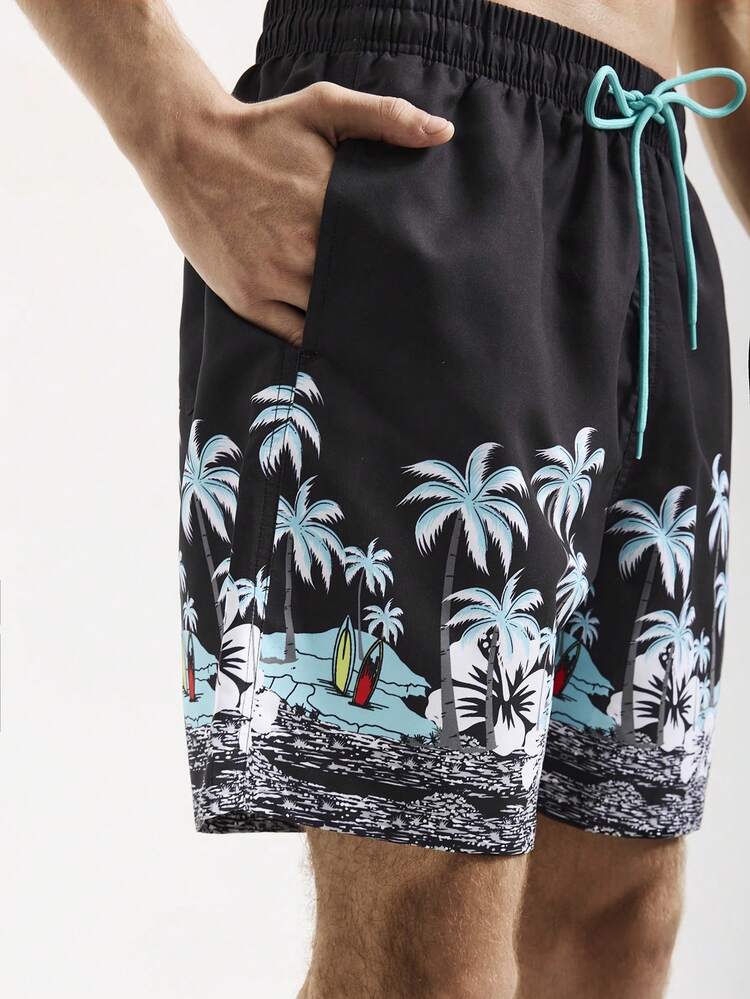 Men Palm Tree Printed Elastic Waistband Wide-Leg Beach Shorts For Vacation (Random Cut Print)