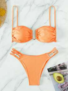 SHEIN Swim 女士實色褶皺U型金屬連接性感比基尼套裝泳裝，適用於度假、夏季沙灘 - 橘色 - 查看 1