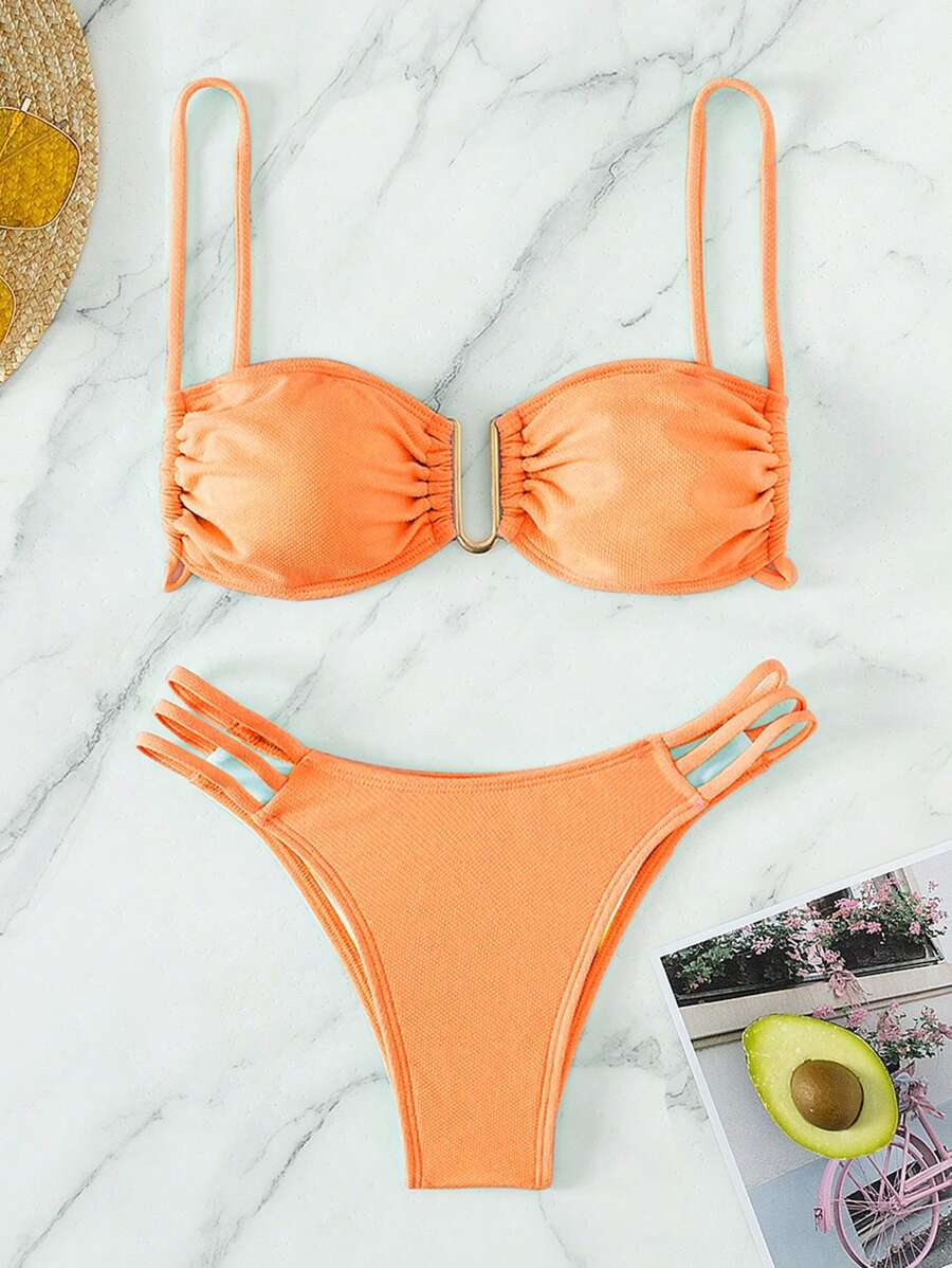 SHEIN Swim 女士實色褶皺U型金屬連接性感比基尼套裝泳裝，適用於度假、夏季沙灘 - 橘色 - 查看 1