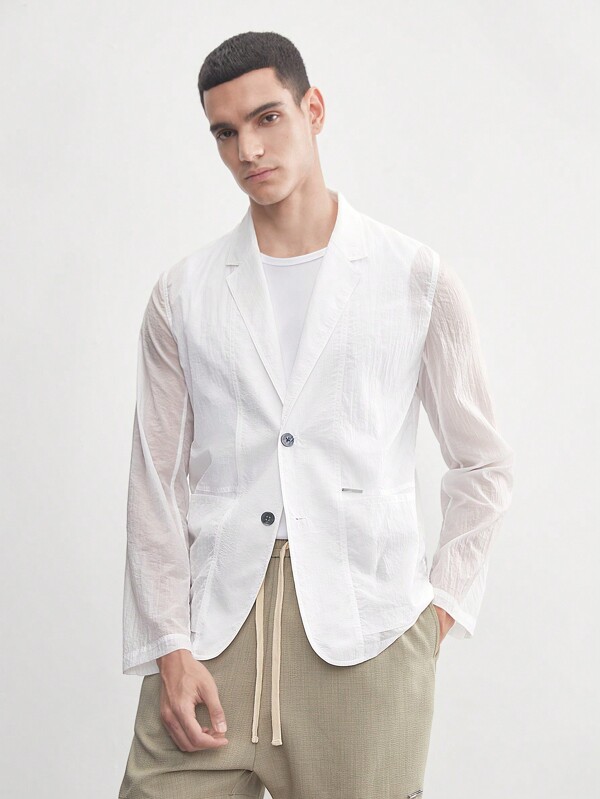 AKNOTIC Business Casual Men's Old Money Style Woven Nylon Wrinkle-Combined Thin Semi-Transparent Blazer, For Fall Winter