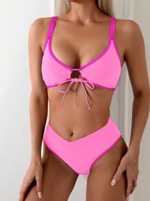 SHEIN Swim Women Sexy Halter Lace Up Two Pieces Bikini Set With Color Block Design And Cutouts For Beach Vacation,Summer Beach - Multicolor - View 5