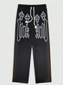 ROMWE MEN Goth Celana Jogger Pria Vintage Motif Salib & Huruf dengan Tali Serut di Pinggang, Cocok untuk Pemakaian Sehari-hari di Musim Semi dan Musim Panas - Hitam - View 1