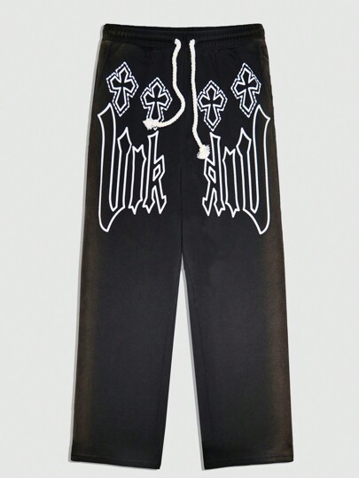 Goth Men's Vintage Cross & Letter Printed Drawstring Waist Jogger Pants, Suitable For Daily Wear In Spring And Summer