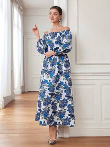 Mulvari Rochie de vară pentru femei, cu mânecă lanternă, cu imprimeu floral, lung, elegantă, pentru vacanță