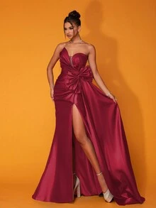 Smilprince Long Sexy Strapless Solid Color High Slit Ruched Elegant Evening Gown Dress (Heavy Embellished) - Burgundy - View 4