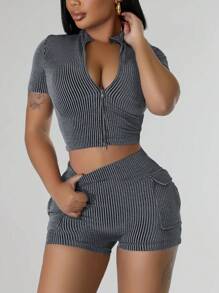 Slaydiva 休閒圓領拉鍊前短袖上衣和側分體修身迷你短褲套裝- Z款 - 深灰色 - 查看 3