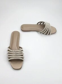 Women's Luxury Style Pearl & Rhinestone Chain Decoration Beige Suede Comfortable Flat Sandals With Ankle Strap For Daily & Party Wear - Khaki - View 4