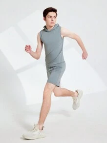 Teen Boy Solid Color Sleeveless Hooded Top And Shorts Sports Set, Summer - Grey - View 4