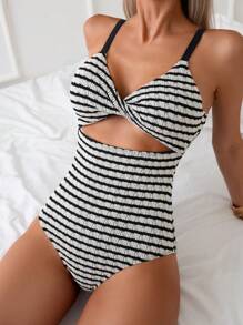 SHEIN Swim Summer Women's Striped Printed One-Piece Swimsuit - Black and White - View 1