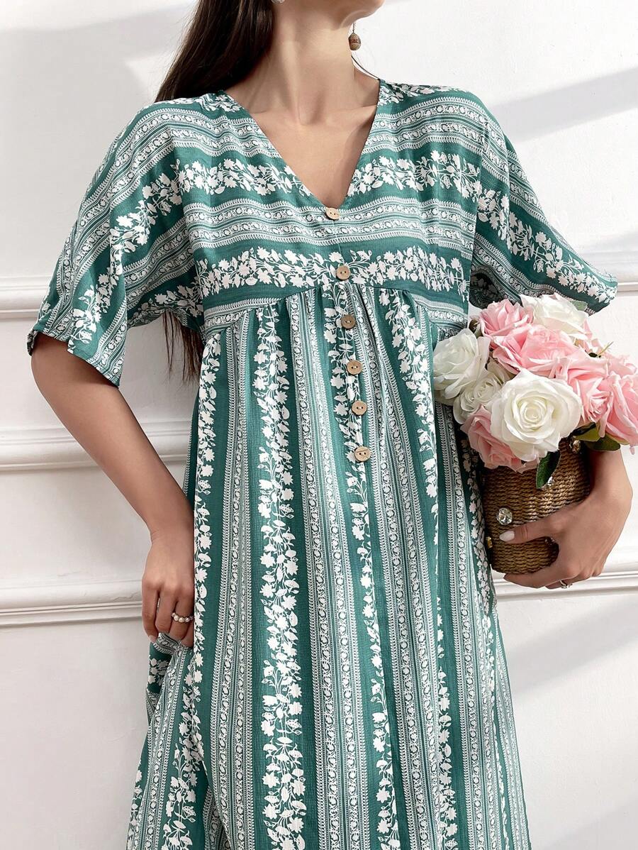 Mulvari 女款 V 領簡約印花休閒洋裝 - 綠色 - 查看 1