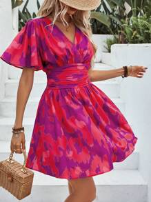 SHEIN LUNE Robe courte d'été pour femme avec col en v superposé à volants et manches courtes à imprimé tie-dye