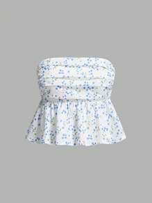 SHEIN MOD Women's Vacation Ditsy Floral Pleated Ruffle Hem Bandeau Top - Multicolor - View 1