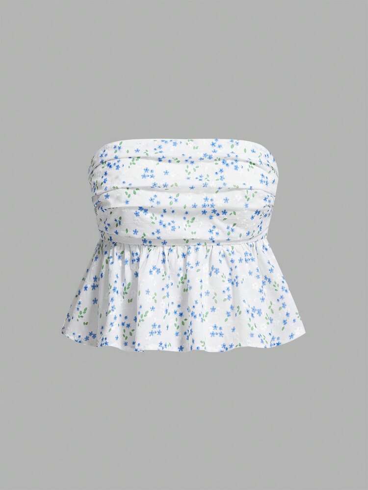 Women's Vacation Ditsy Floral Pleated Ruffle Hem Bandeau Top