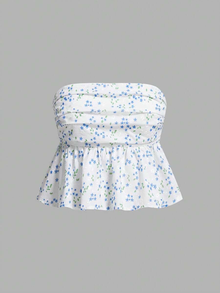 SHEIN MOD Women's Vacation Ditsy Floral Pleated Ruffle Hem Bandeau Top - Multicolor - View 1