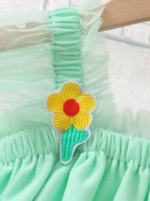 Young Girl Holiday Floral Embroidery Puff Sleeve Loose Dress With Woven Collar, Spring/Summer, Warm And Cozy