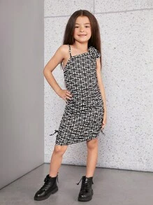 SHEIN Knitted Asymmetrical Neck Dress, Suitable For Tween Girls' Casual Wear In Summer - Black and White - View 6