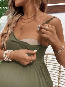 SHEIN Damen Umstandskleid Einfarbig, ärmellos, mit Rüschensaum und Trägern, perfekt für Urlaubsbabyparty für Schwangere - Armeegrün - Übersicht 5
