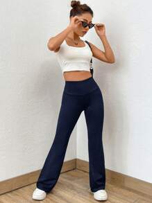 SHEIN EZwear 夏季黑色純色喇叭褲，扇形打底褲 - 藏蓝色 - 查看 6