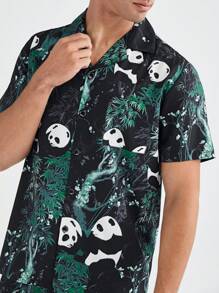 男士卡通熊貓印花前扣短袖上衣和短褲，夏季家居套裝 - 黑色 - 查看 7