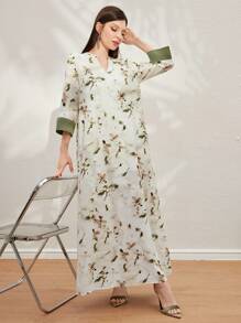 Al Najma Women's Casual Arabian Print Random Floral Pattern Dress - Green - View 3