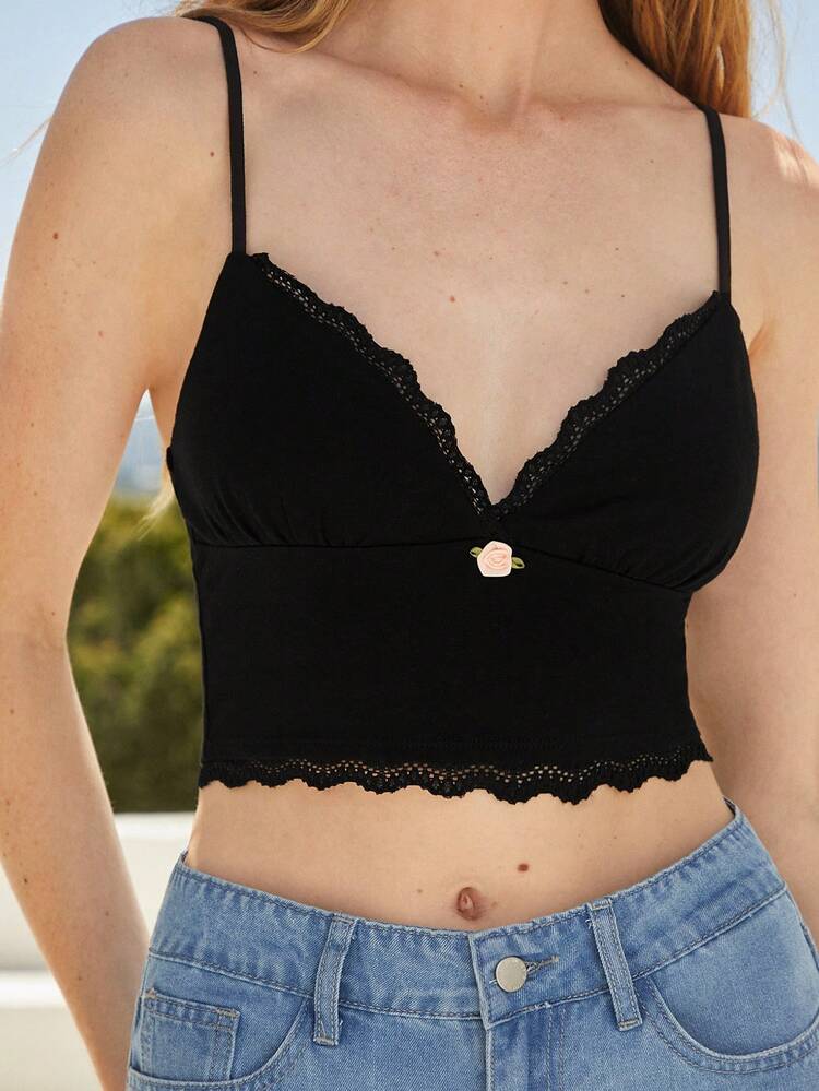 Women Spaghetti Strap Contrast Lace Tight-Fitted Cropped Top With 3D Flowers For Summer