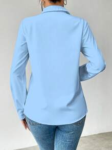 Selianne Casual Solid Color Long Sleeve Regular Shoulder Shirt,Long Sleeve Tops Fall Cloth For Women - Baby Blue - View 2