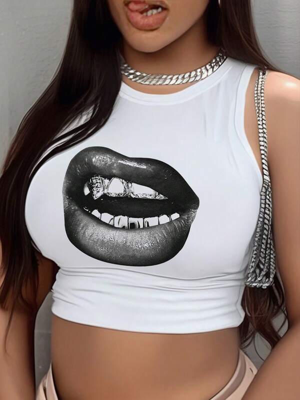Slaydiva Casual Simple Lips Print Plus Size Women Sleeveless Tank Top, Suitable For Summer Back To School