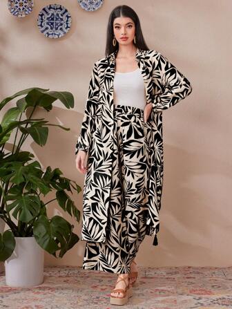 Mulvari Conjunto de 2 piezas de camisa larga con estampado de plantas y pantalones de pierna ancha, estilo de vacaciones para ocio