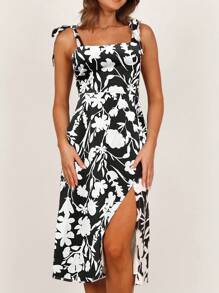 SHEIN Essnce Beach Women All Over Print Summer Sleeveless Outfits Dress - Black and White - View 7