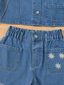 Conjunto para niña preadolescente de camisa de mezclilla azul con bordado de manga corta y pantalones cortos lavado mediano - Azul lavado medio - Ver 8