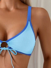 SHEIN Swim Ladies' Holiday Contrast Color Hollow Out Lace-Up Sexy Bikini Set,Summer Beach