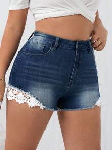 Firerie Plus Size Women's Lace Casual Denim Shorts With Distressed Pockets And Frayed Hems