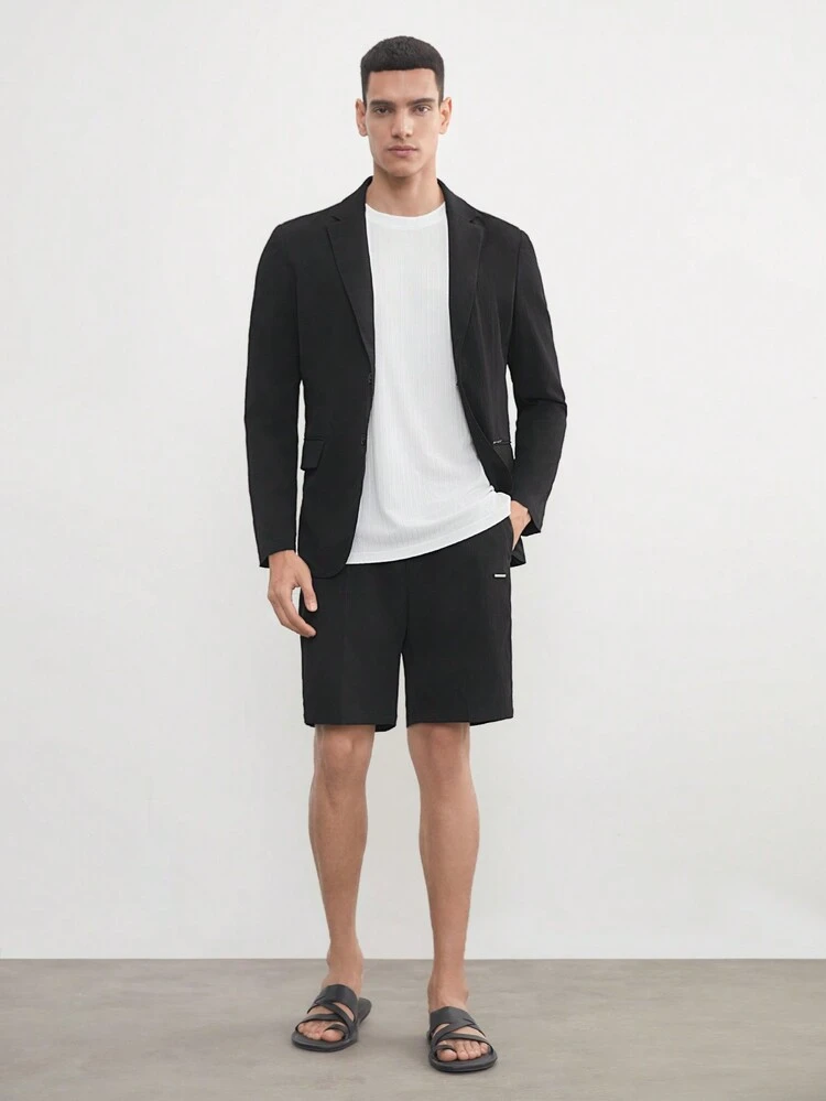 2 Peças Terno Masculino Preto Sem Rugas e Fácil de Cuidar em Estilo Money Antigo com Tecido Elástico Lavável Para o Verão