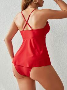 SHEIN Swim Conjunto de traje de baño de un solo color con pliegues y volantes, que incluye vestido y shorts para verano