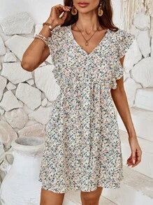 SHEIN LUNE Women's Summer Fashionable Short Floral Ruffle Hem Romper - White - View 3