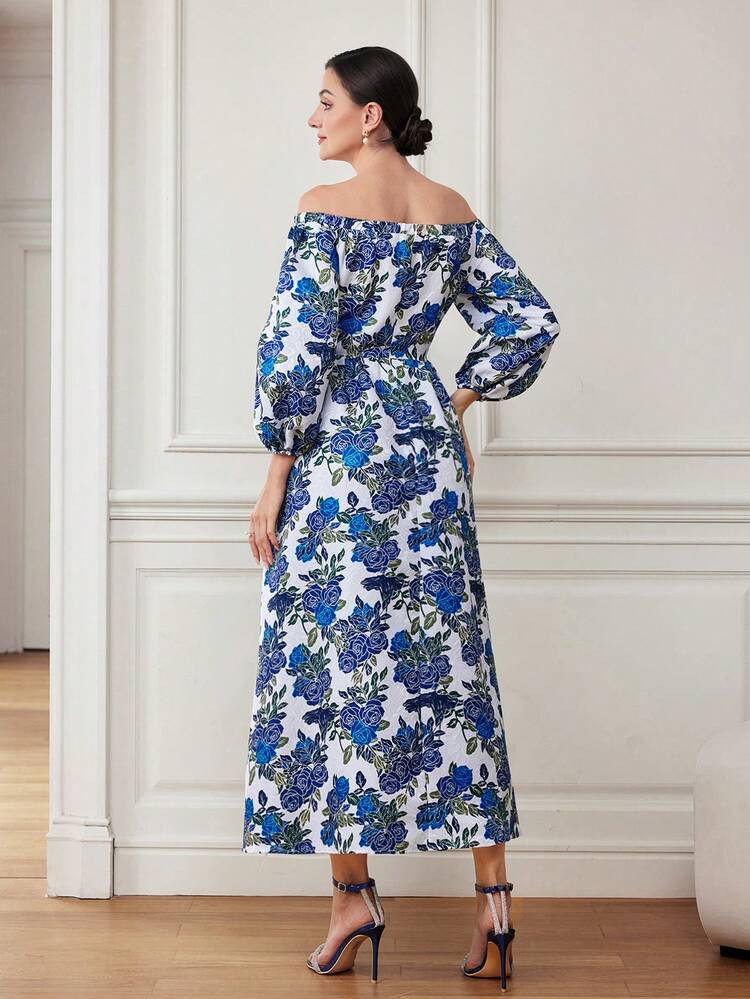 Women's Summer Floral Printed Off Shoulder Lantern Sleeve Long Elegant Dress For Vacation