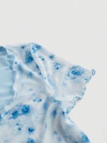 SHEIN MOD Women's Romantic Pink Floral Print Summer T-Shirt With Flutter Sleeves - Blue - View 4