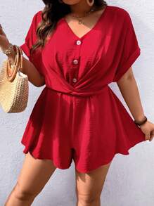 SHEIN Clasi Plus Size Solid Color Batwing Sleeve Jumpsuit, Holiday Leisure Style With Waist Belt And Twisted Knots - Red - View 4