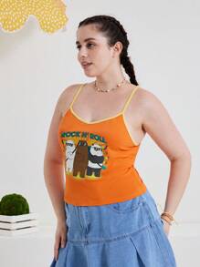 We Bare Bears X SHEIN Plus Size Fashionable And Versatile Casual Summer Ringer Cami Top With Bear And Letter Print, High Elasticity - Orange - View 6