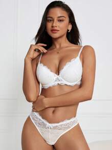 Floral Lace Underwire Lingerie Set, Bra & Panty Set - White - View 6