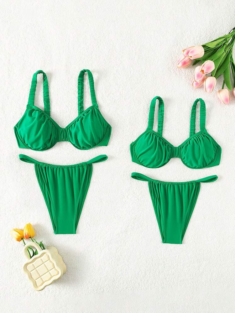 Ladies' Ruched Soft Cup Halter Bikini Set With Underwire And Solid Color For Summer Beach Vacation