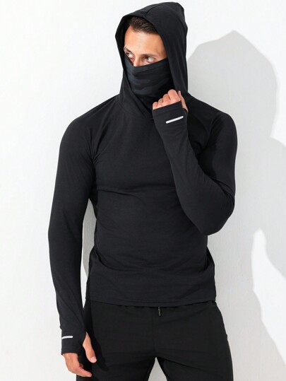 Coreblaze Men's Slim Fit Long Sleeve Hooded Sports Sweatshirt,Black Autumn Athletic Gym Compression Shirt With Reflective Stripe,Casual Plain Jogger Top