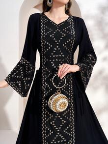 Women's Elegant Sequin Splice Bell Sleeve Long Dress For Spring & Summer Eid Black - Black - View 2