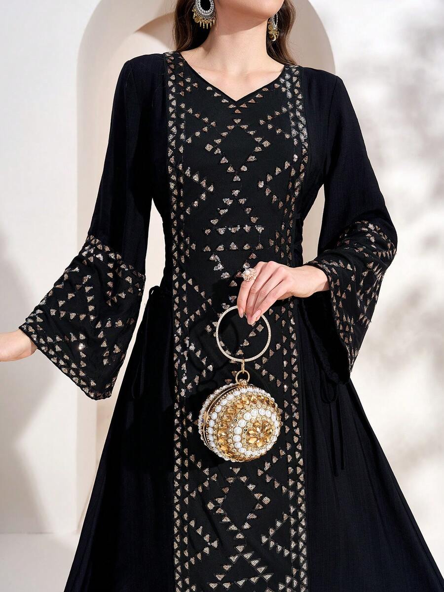 Women's Elegant Sequin Splice Bell Sleeve Long Dress For Spring & Summer Eid Black