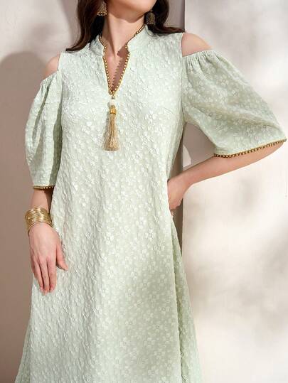 女士深切领镂空流苏撞色优雅阿拉伯连衣裙