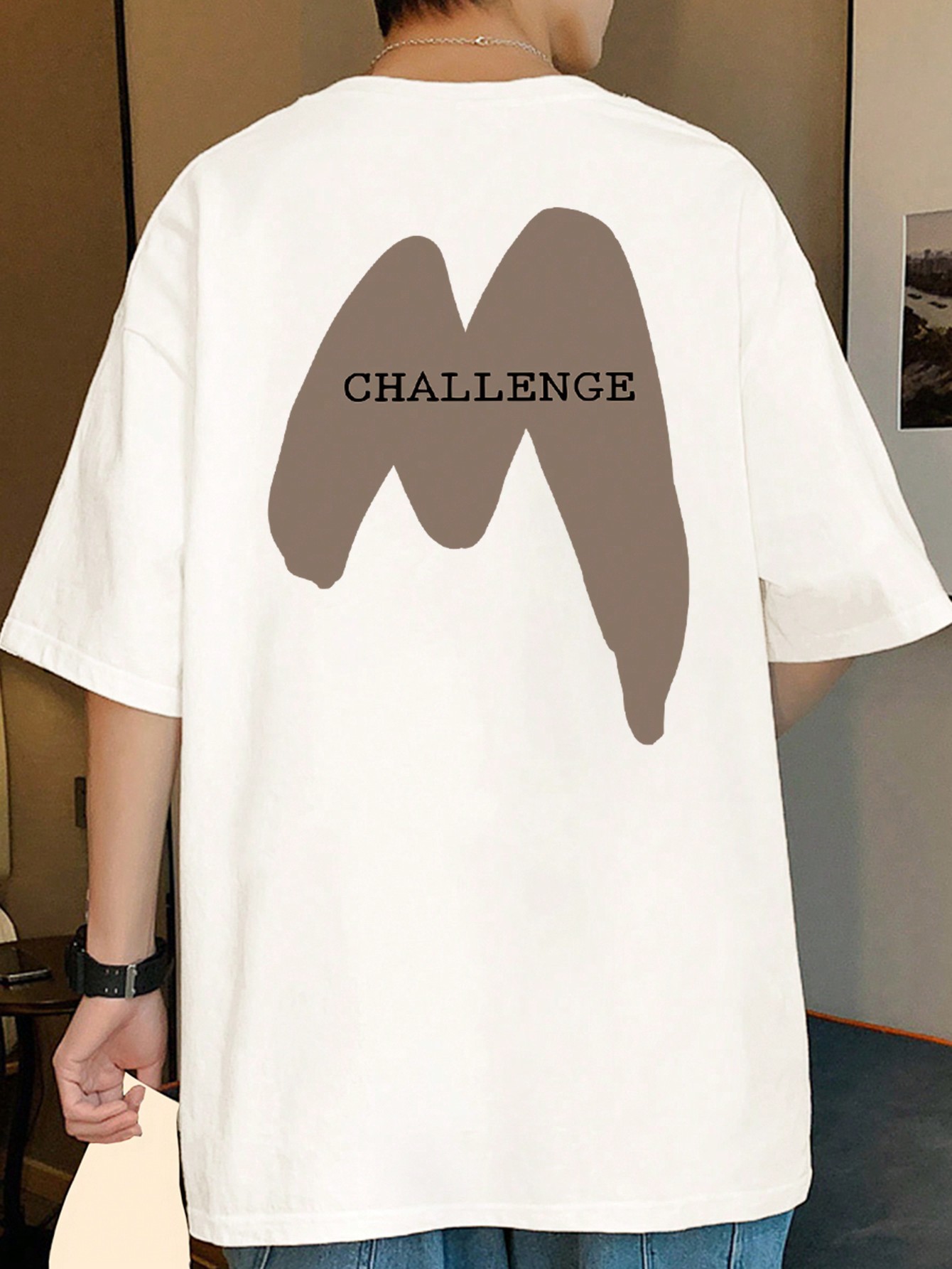 Men's Summer Loose Round Neck Drop Shoulder Sleeve Letter Printed Casual T-Shirt