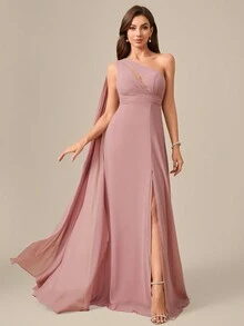 Oblique Shoulder Chiffon Evening Gown With Cascading Ruffles And Pleated Bodice - Dusty Pink - View 5