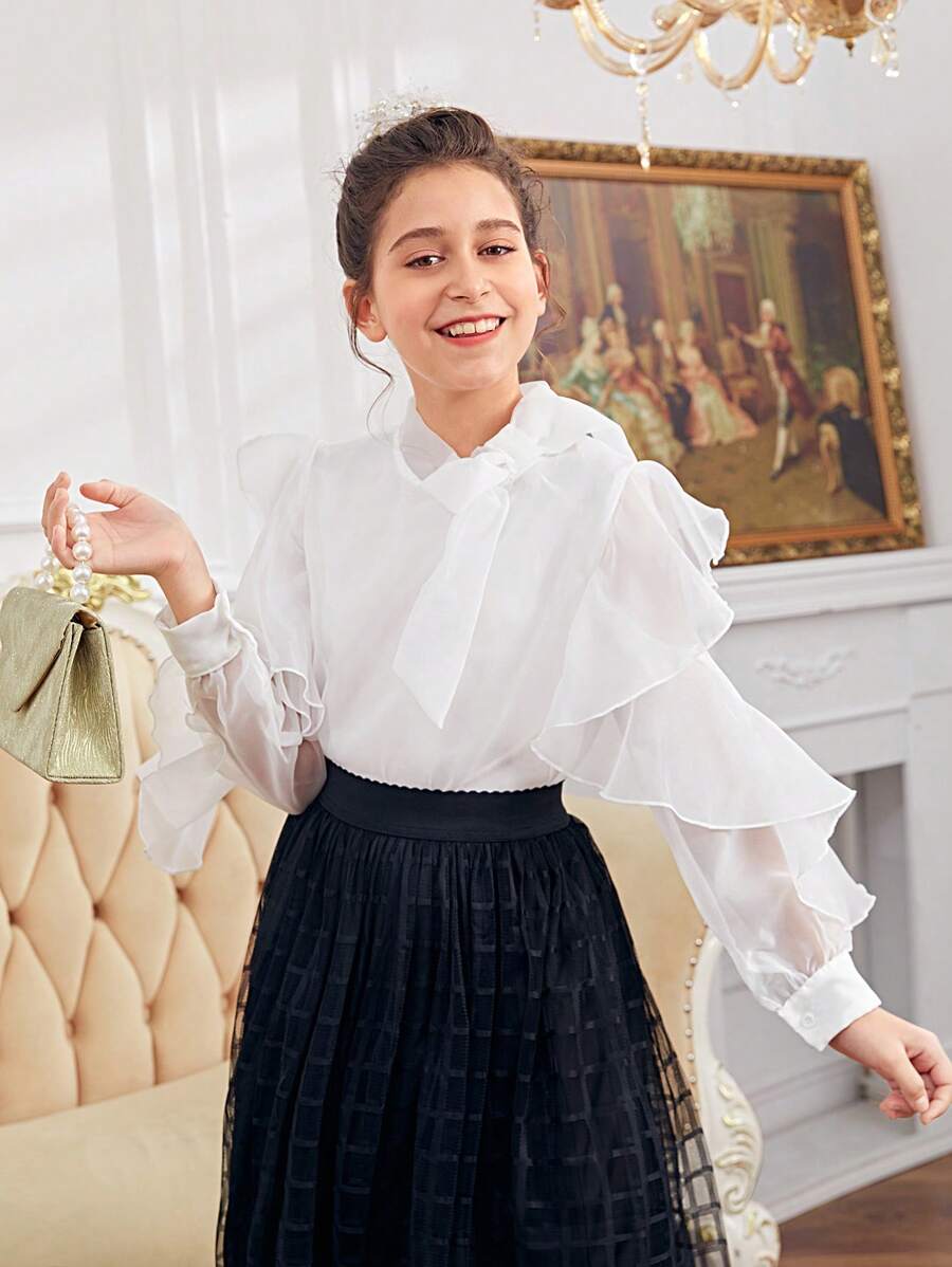 SHEIN Tween Girls' Fitted And Cute Ruffle Hem Long Sleeve Blouse With Sheer Fabric And Bow Decoration - White - View 1